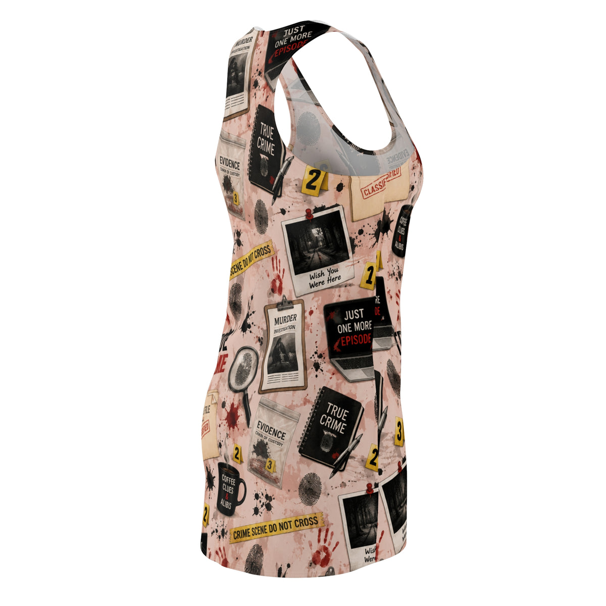 True Crime Racerback Dress — All-Over Print Detective & Evidence Pattern