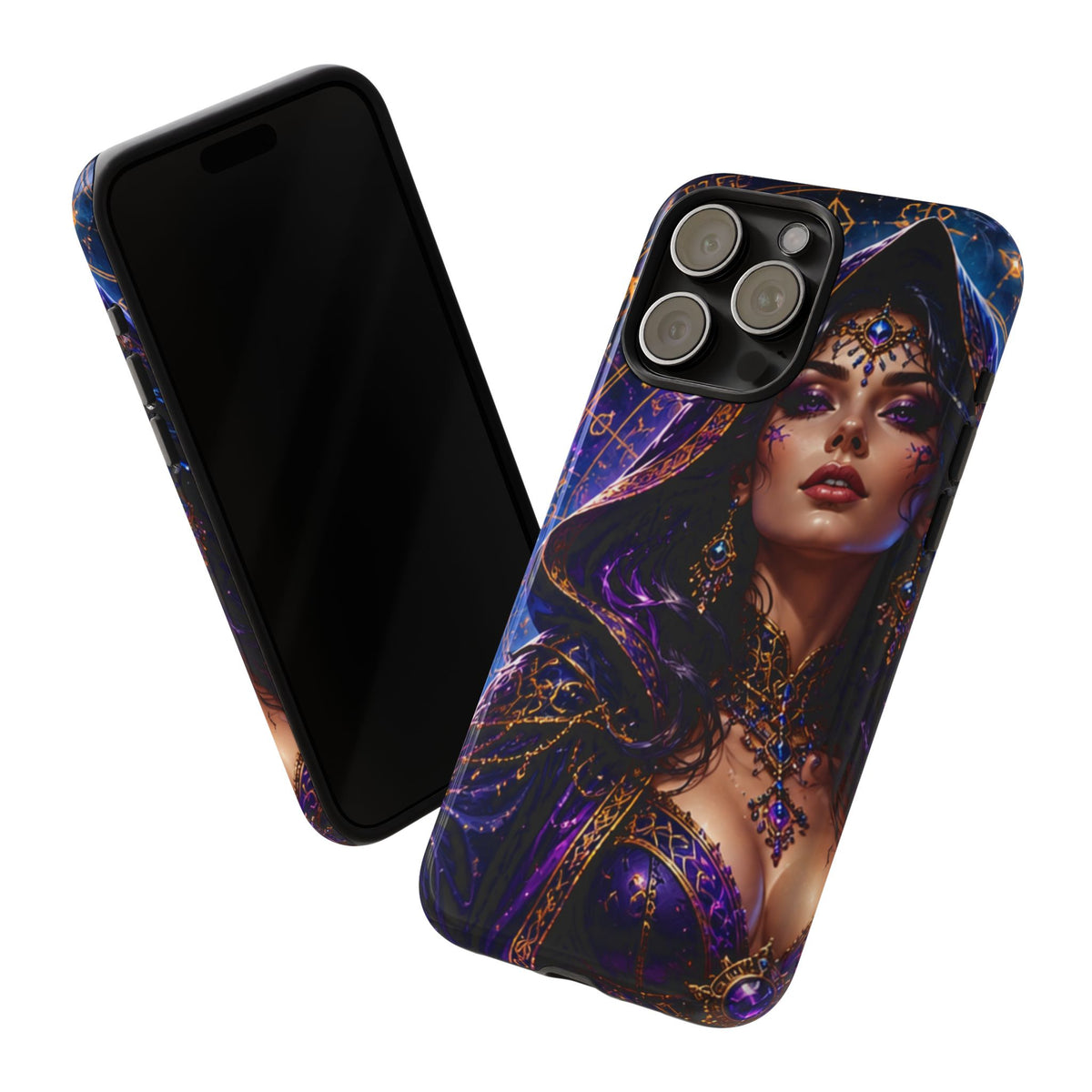 Phone Case — Mystical Sorceress Art Protective Tough Case (Astrology, Purple Hooded Witch)