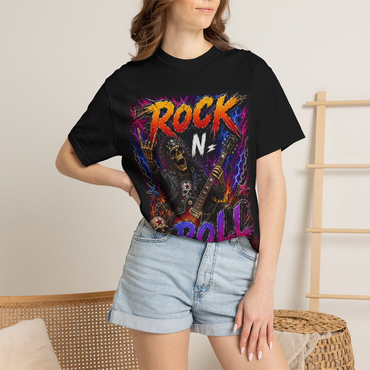 Rock N Roll Skeleton Guitar T-Shirt | Retro Neon Concert Tee