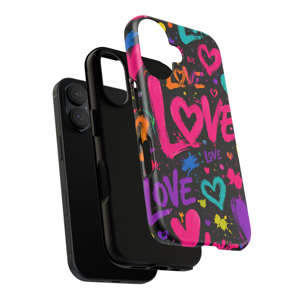 Phone Case — Neon Graffiti "Love" Hearts Protective Tough Case