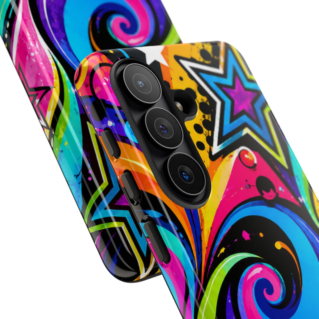 Psychedelic Swirl Phone Case — Bold Retro Stars & Neon Pop Art Tough Case