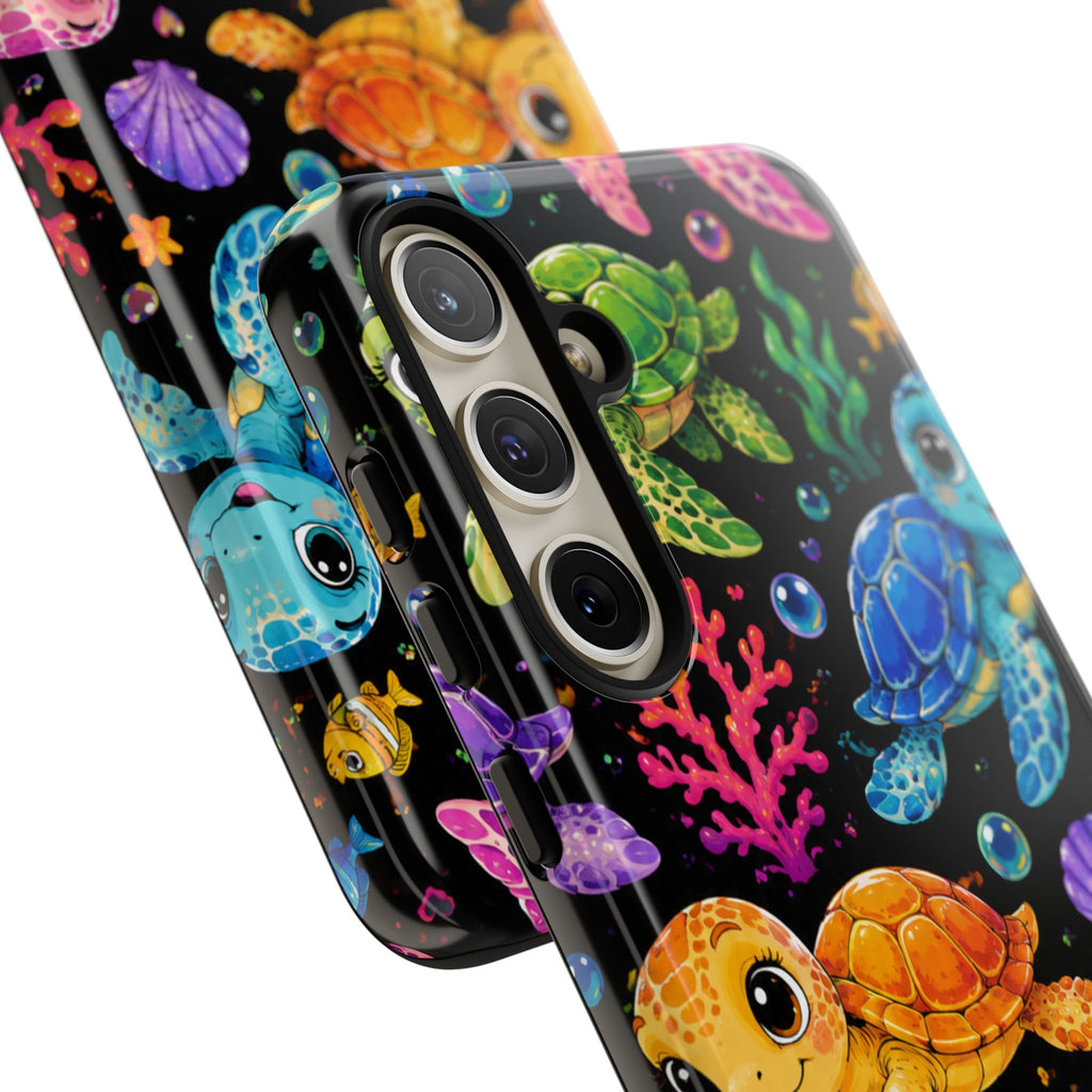 Phone Case — Colorful Cute Sea Turtles on Black (Protective Smartphone Cover)