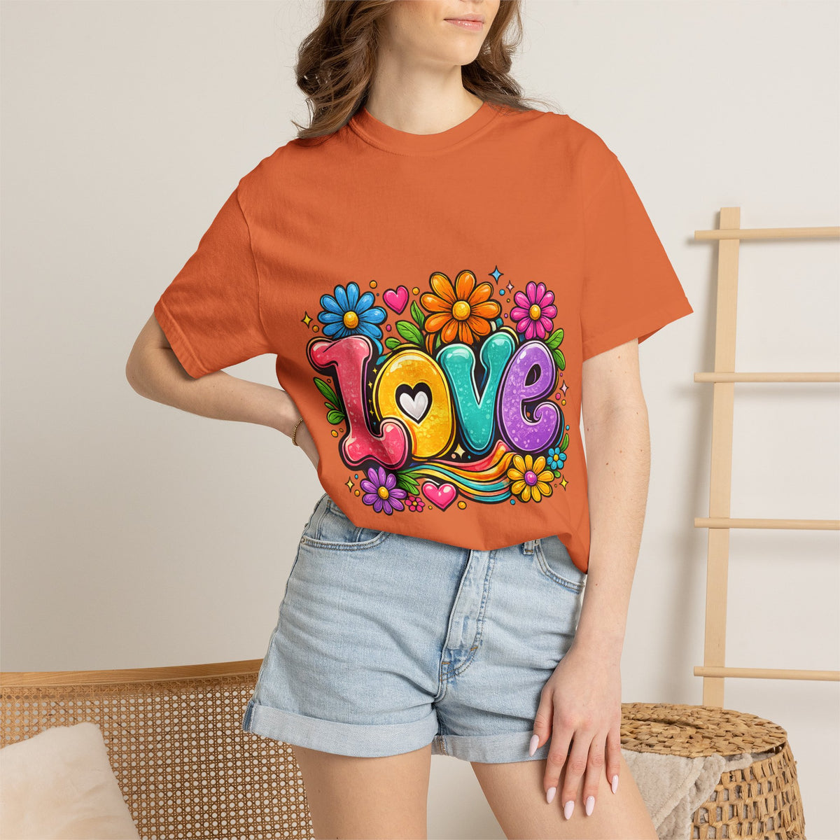 Retro Floral "Love" Design T-shirt | Colorful 70s Heart Typography