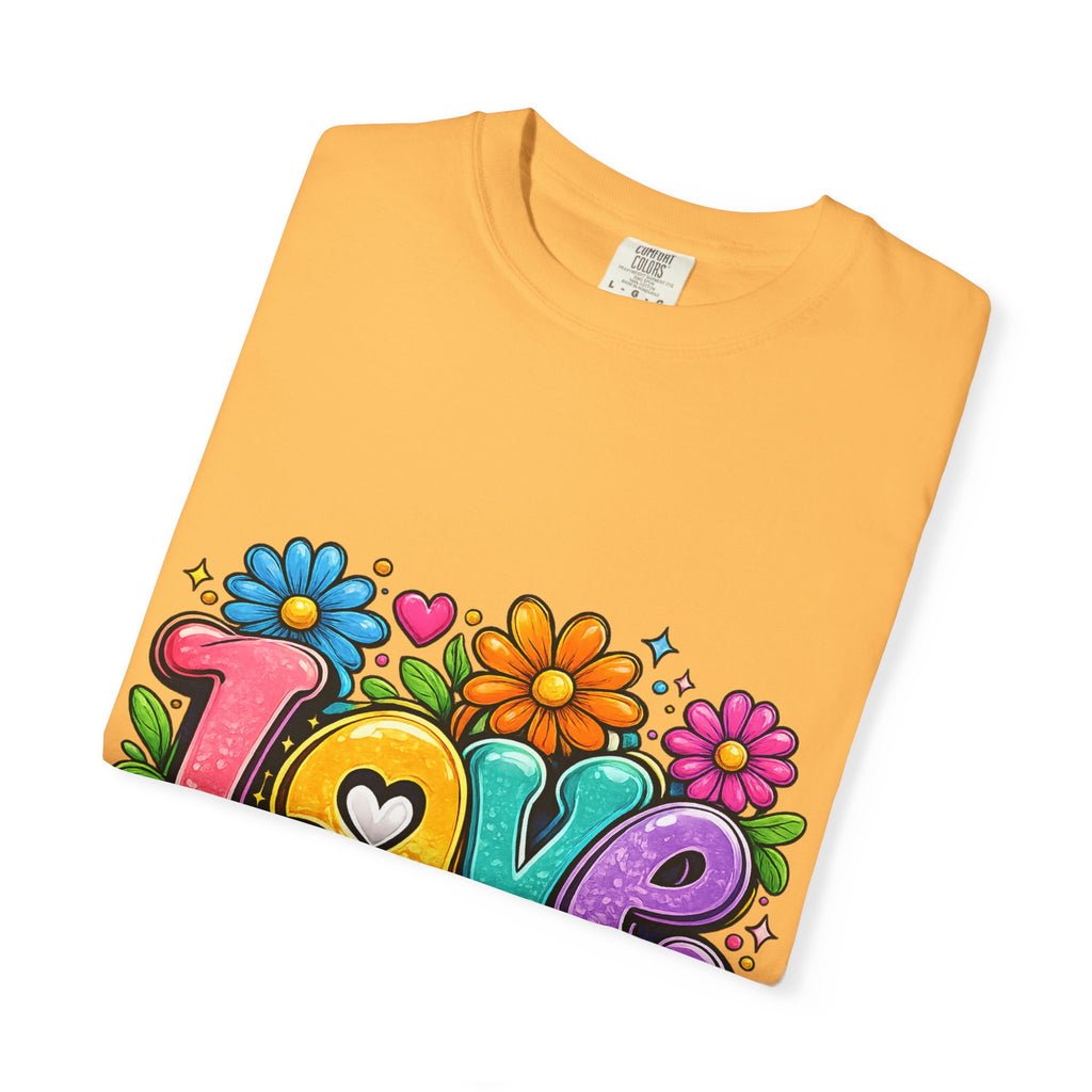 Retro Floral "Love" Design T-shirt | Colorful 70s Heart Typography