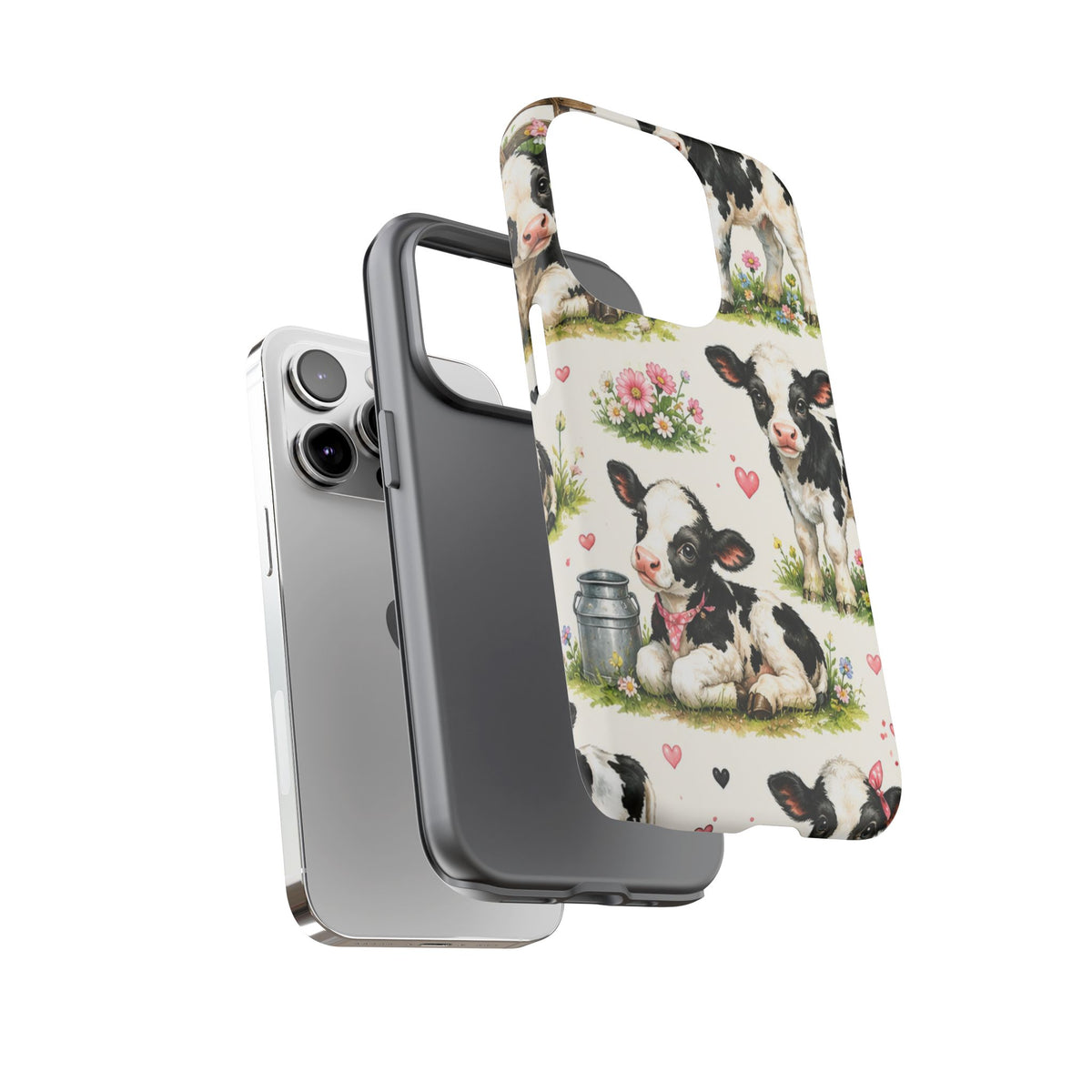 Cute Calf Pattern Phone Case – Pastel Cow Hearts & Flowers Protective Cover