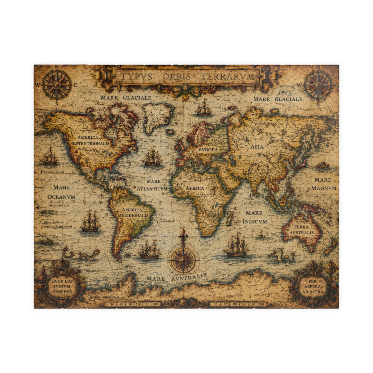 Vintage World Map Jigsaw Puzzle — Antique Nautical 252/520/1014-Piece