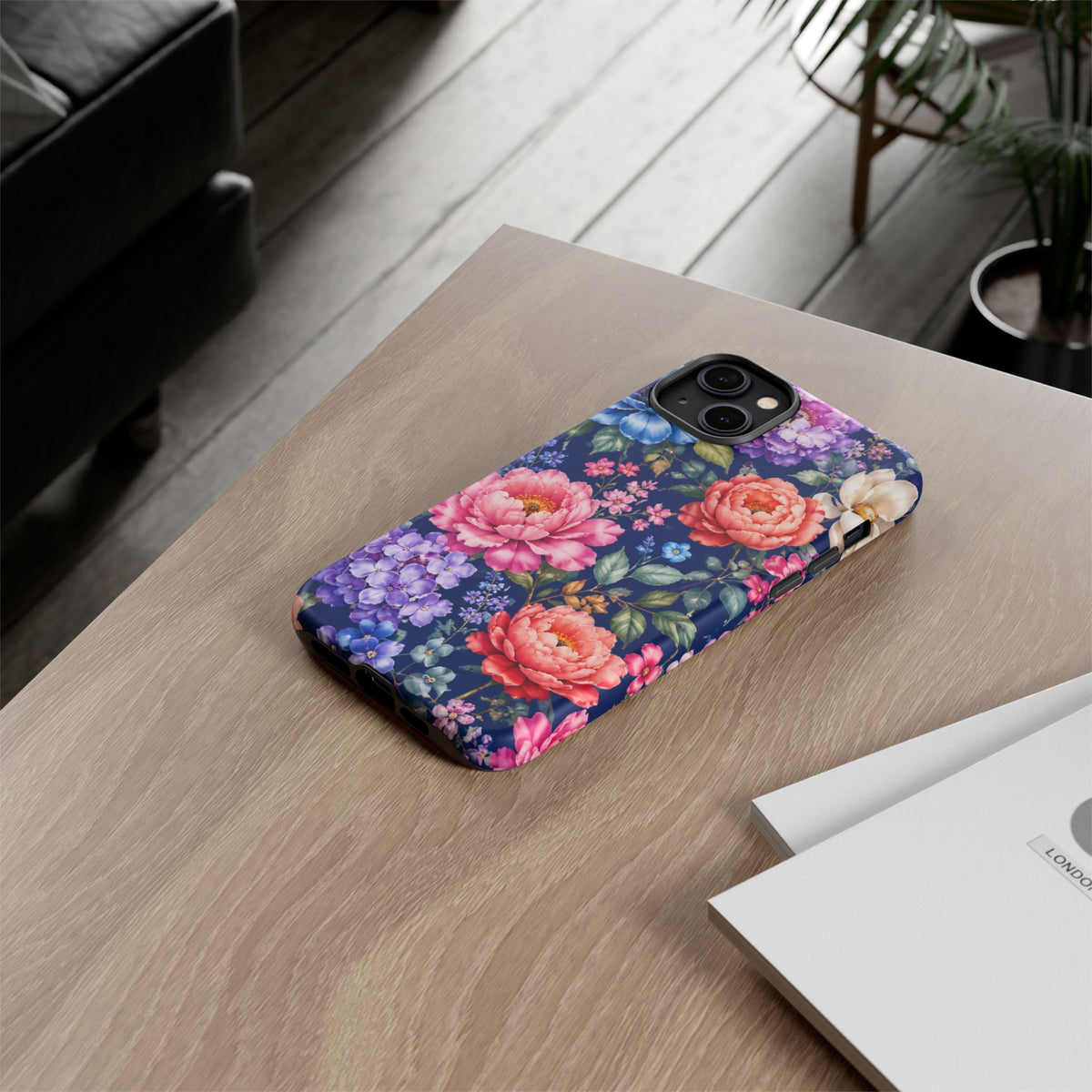 Floral Tough Phone Case – Vibrant Garden Flowers on Navy