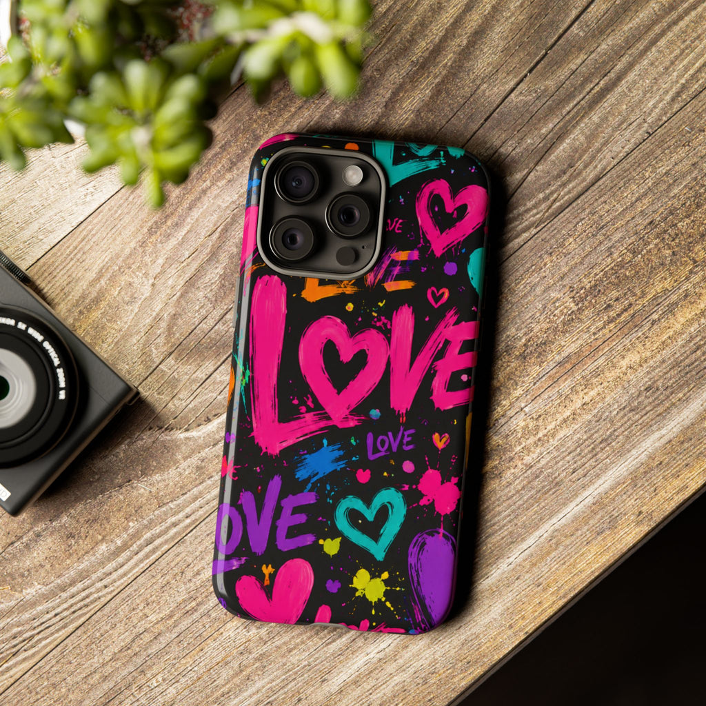 Phone Case — Neon Graffiti "Love" Hearts Protective Tough Case