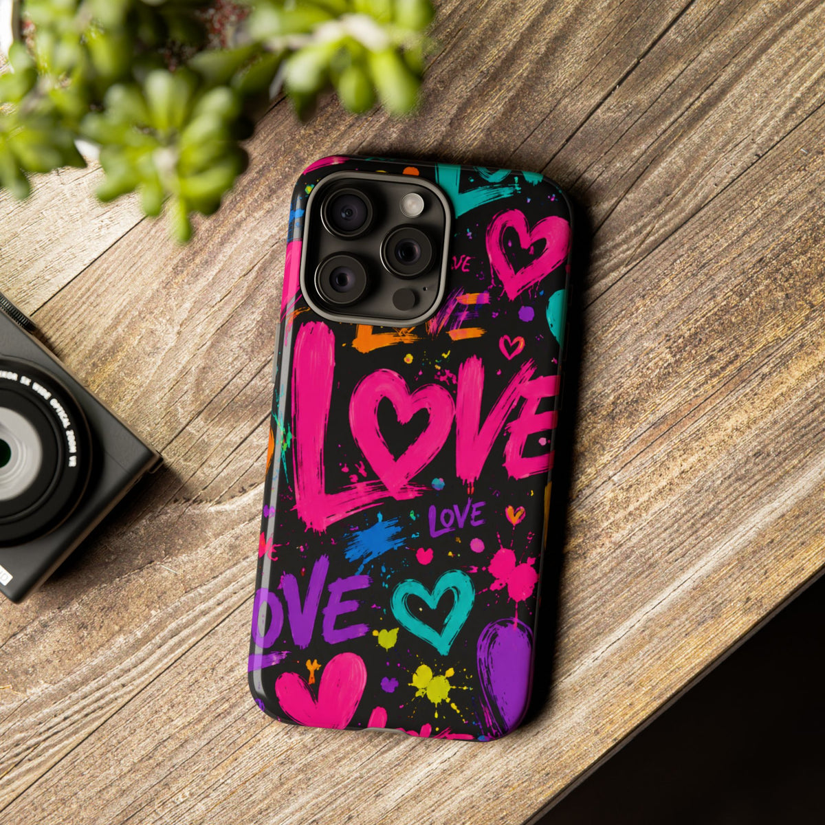 Phone Case — Neon Graffiti "Love" Hearts Protective Tough Case