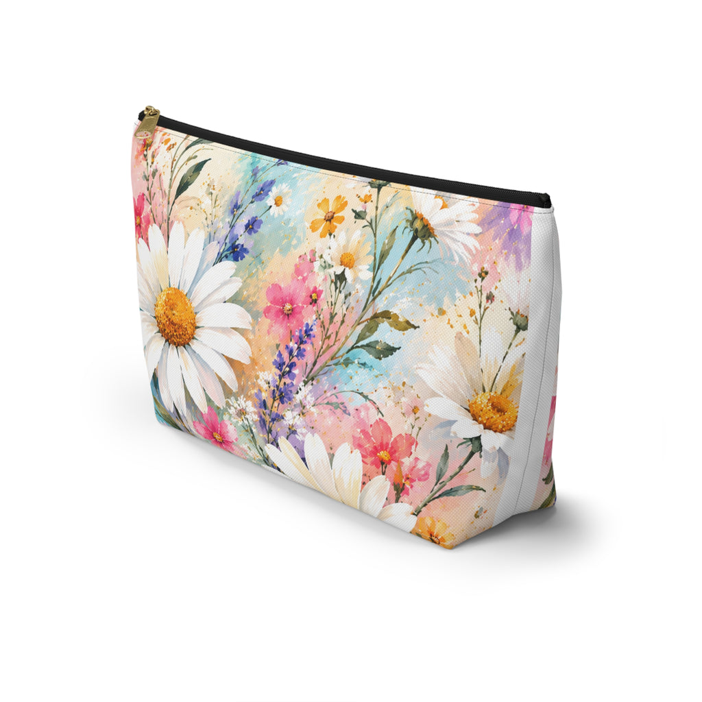 Daisy Meadow Accessory Pouch — Floral Cosmetic T‑Bottom Bag