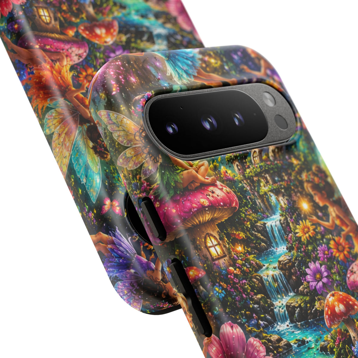 Fairy Garden Tough Phone Case — Whimsical Cottage, Waterfall & Mushroom Artwork