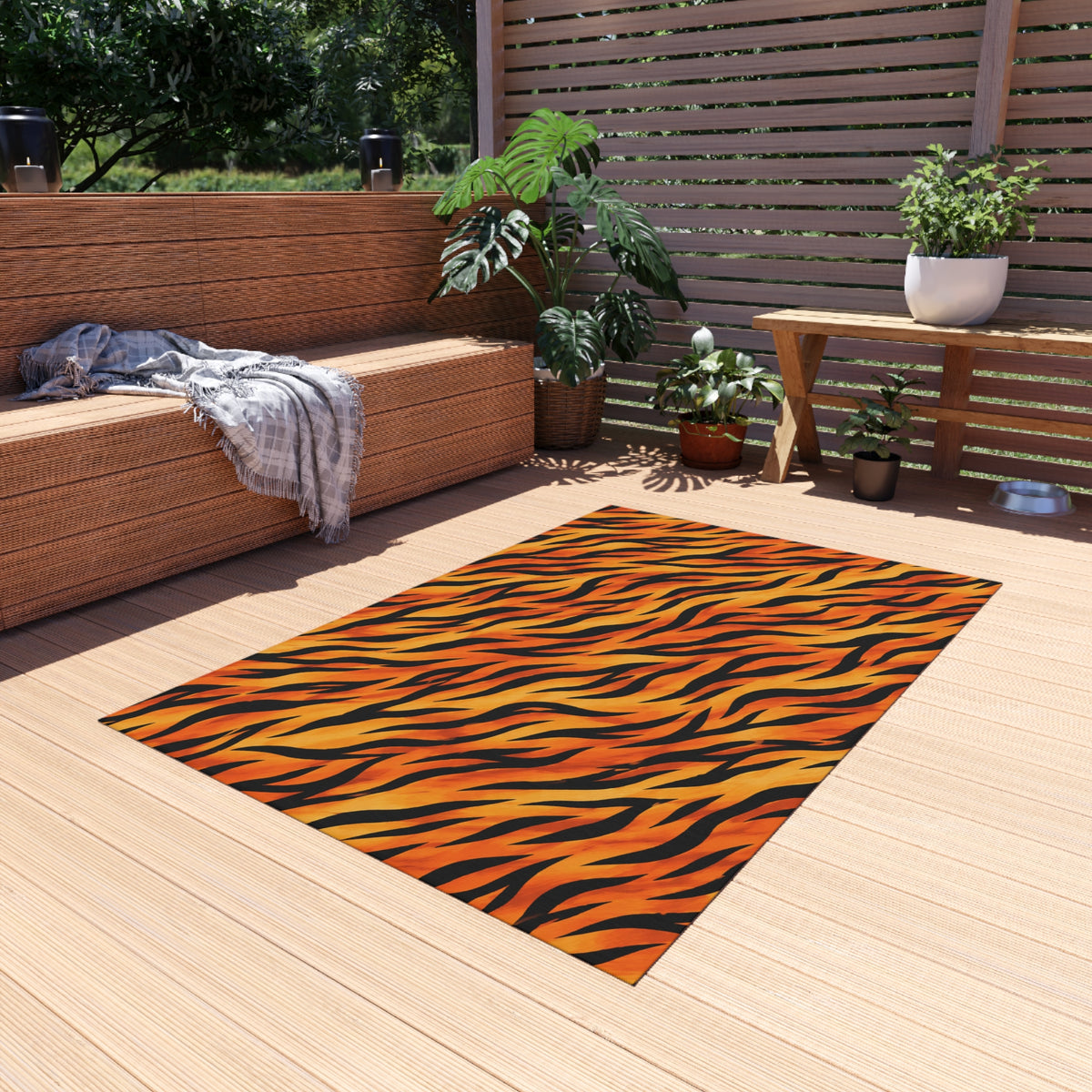 Tiger Stripe Outdoor Rug — Bold Orange Animal Print Patio Mat