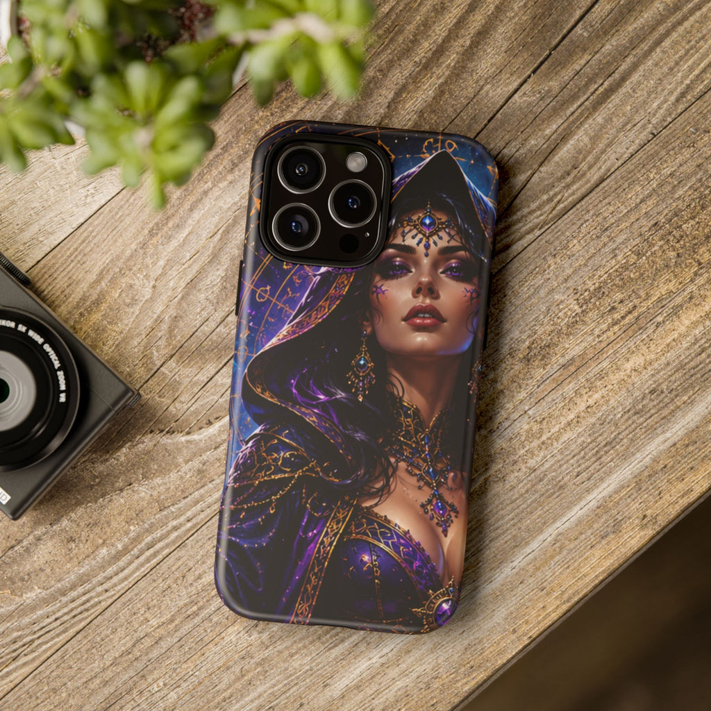 Phone Case — Mystical Sorceress Art Protective Tough Case (Astrology, Purple Hooded Witch)