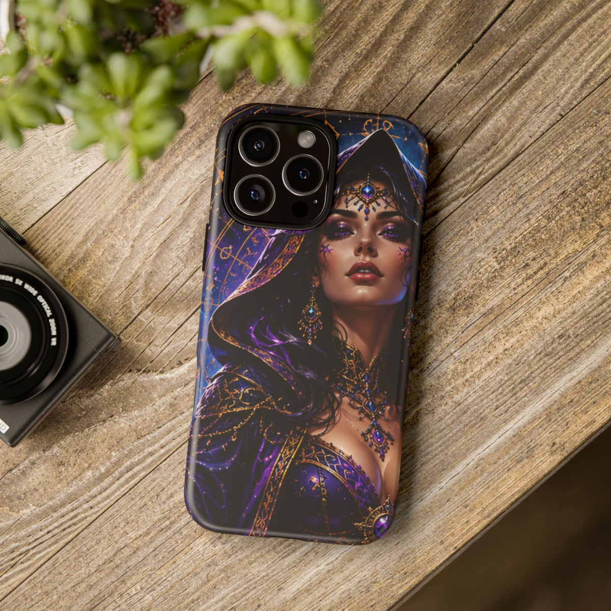 Phone Case — Mystical Sorceress Art Protective Tough Case (Astrology, Purple Hooded Witch)