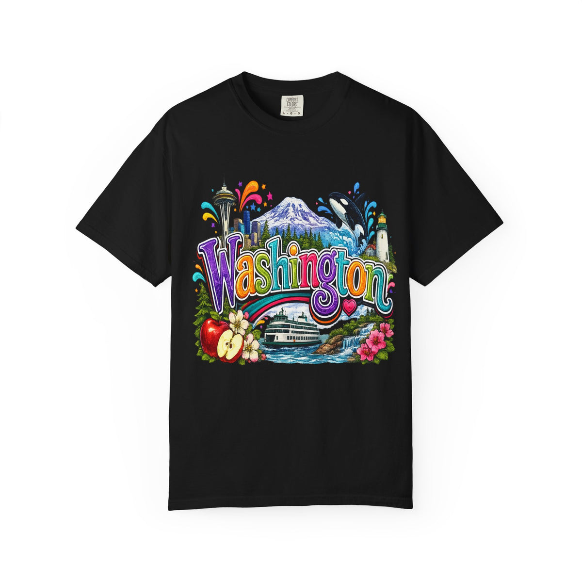 Washington State Scene T-shirt | Seattle Skyline, Orca, Apples