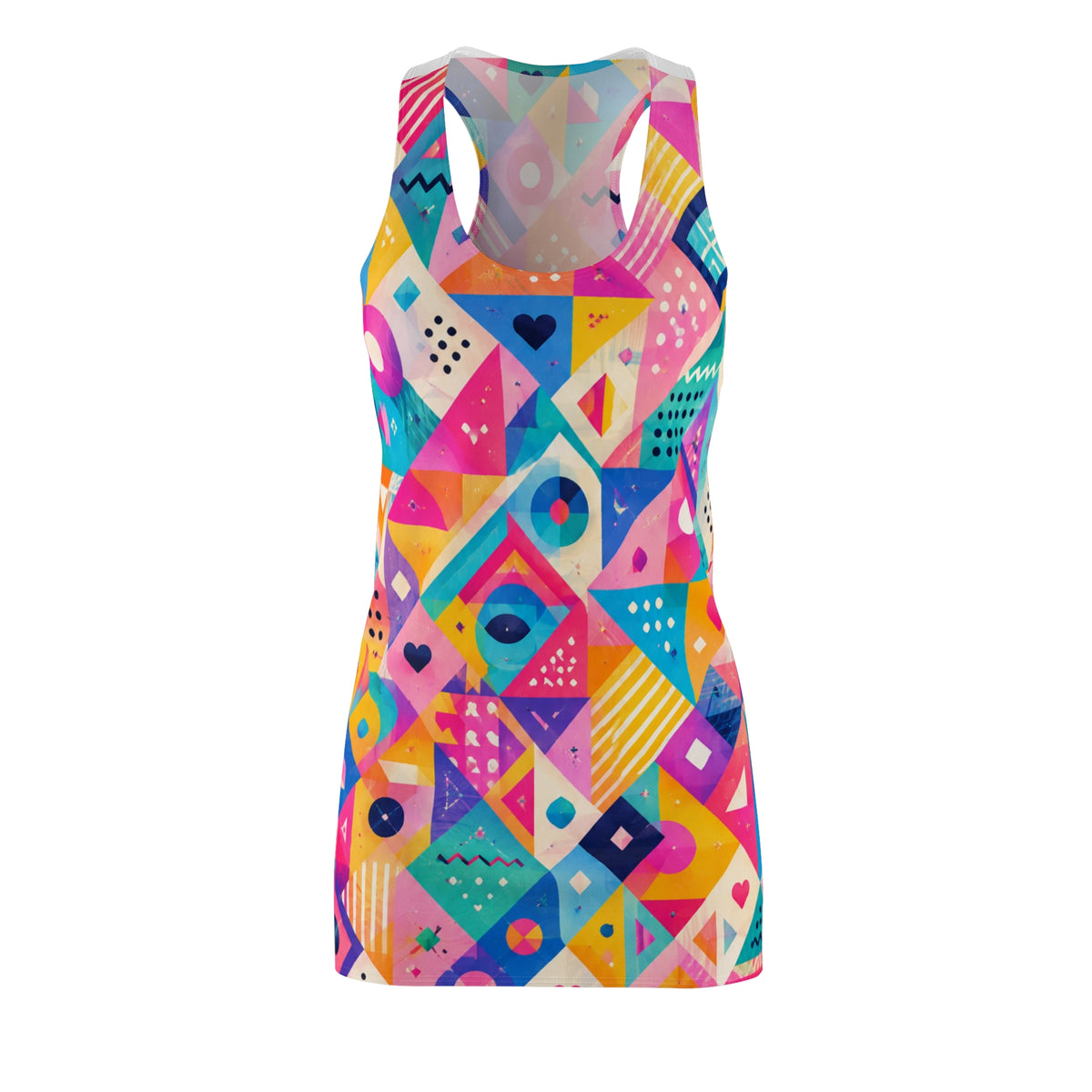 Geometric Neon Mosaic Racerback Dress — Colorful Abstract All-Over Print