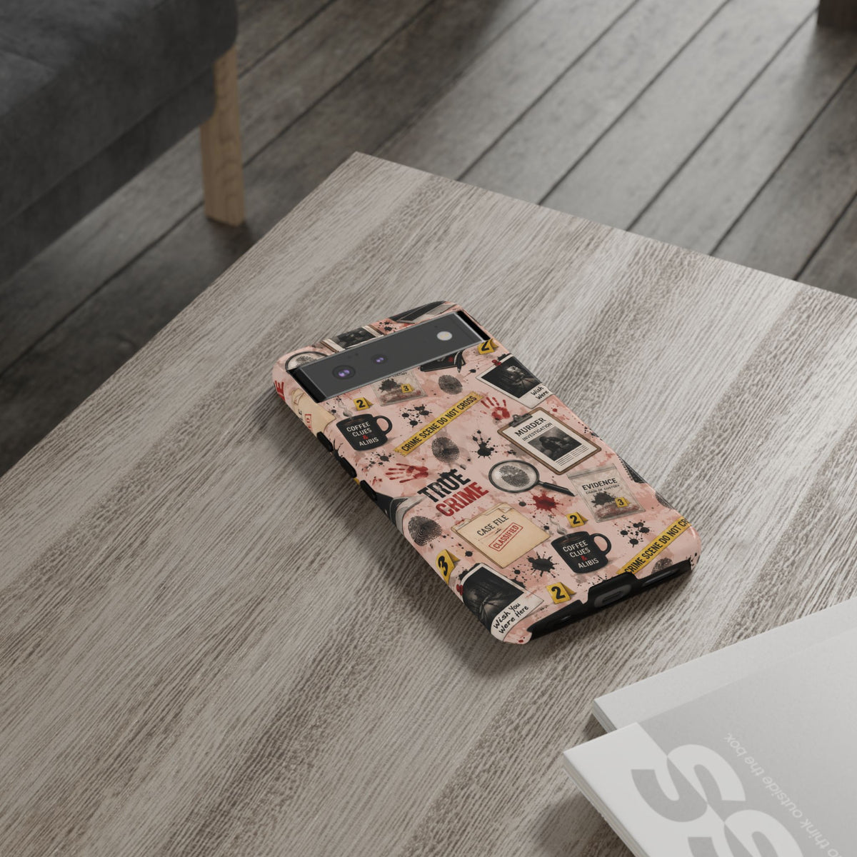 True Crime Pattern Phone Case – Detective Evidence, Crime Scene Tape & 'True Crime' Design