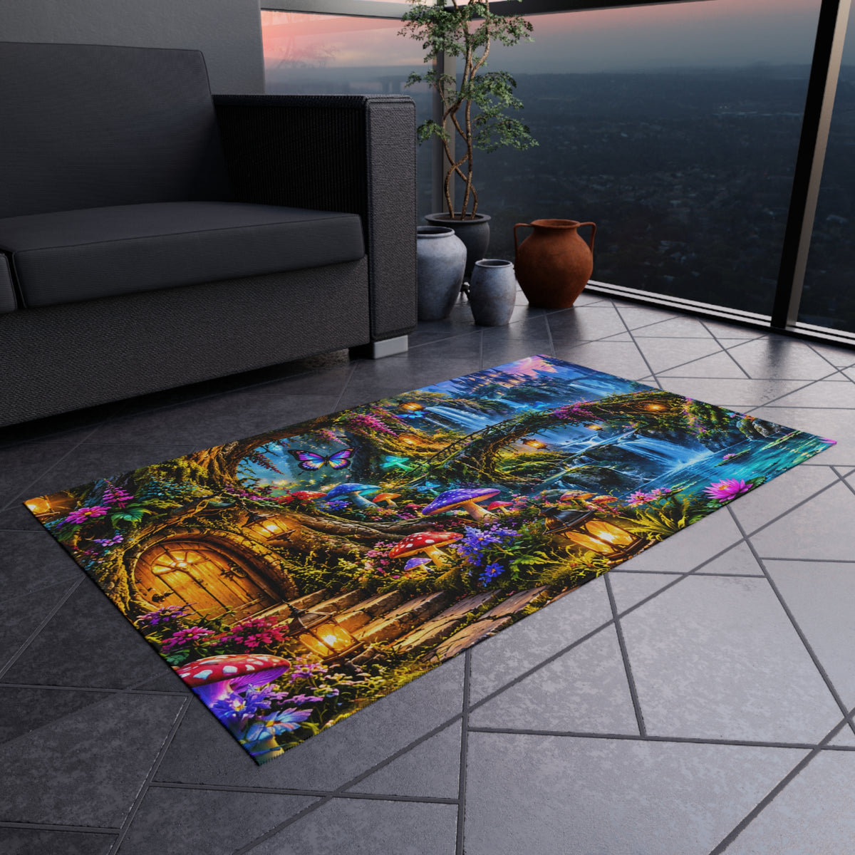 Fantasy Waterfall Outdoor Rug — Enchanted Forest Doorstep Mat