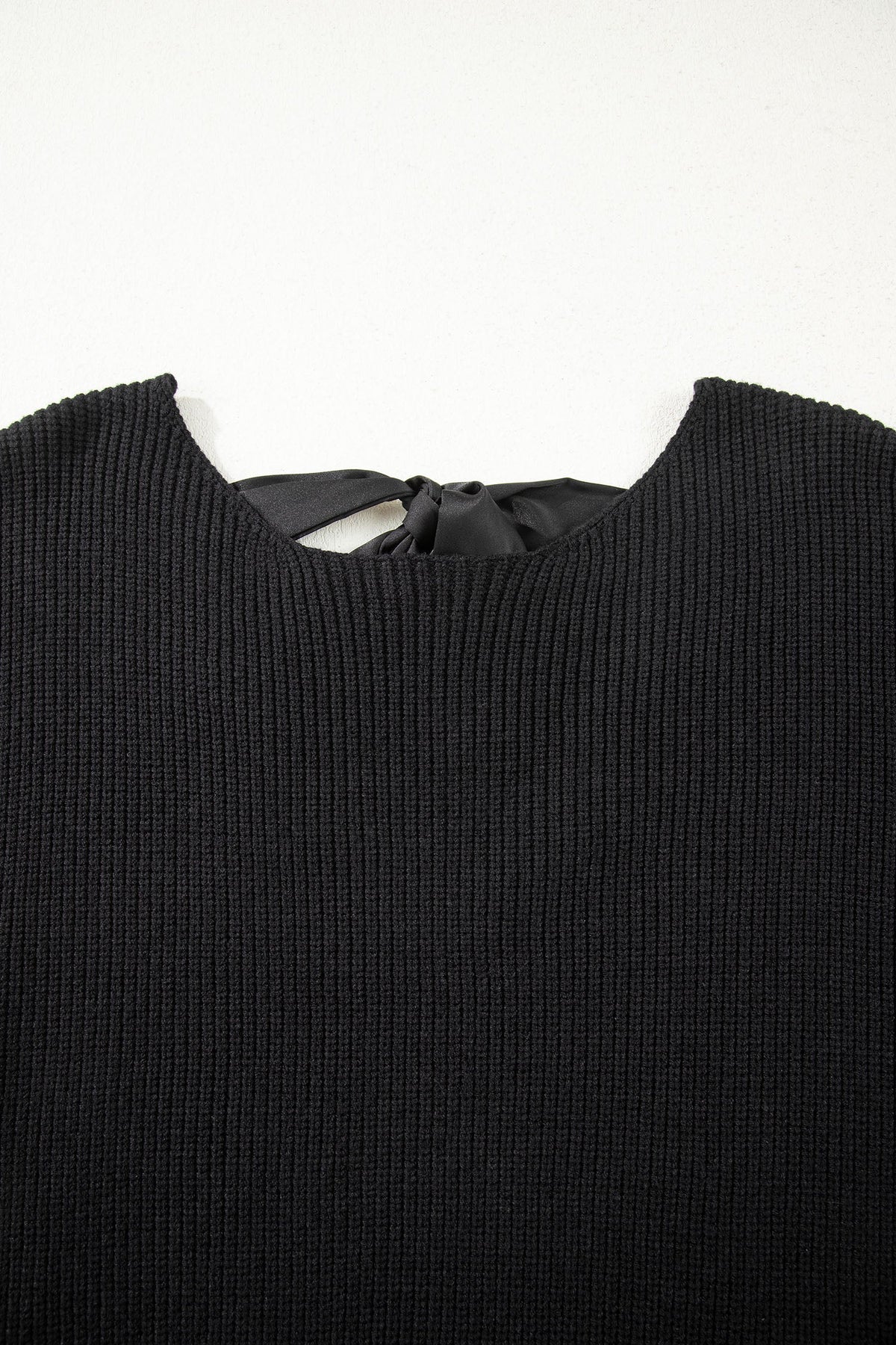 Ribbon Knot Backless Drop Shoulder Ribbed Sweater