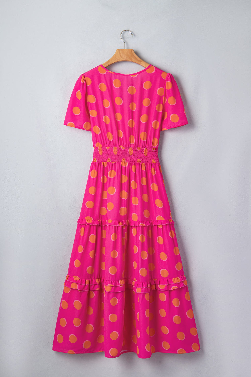 Polka Dot Short Sleeve Shirred Waist Midi Dress