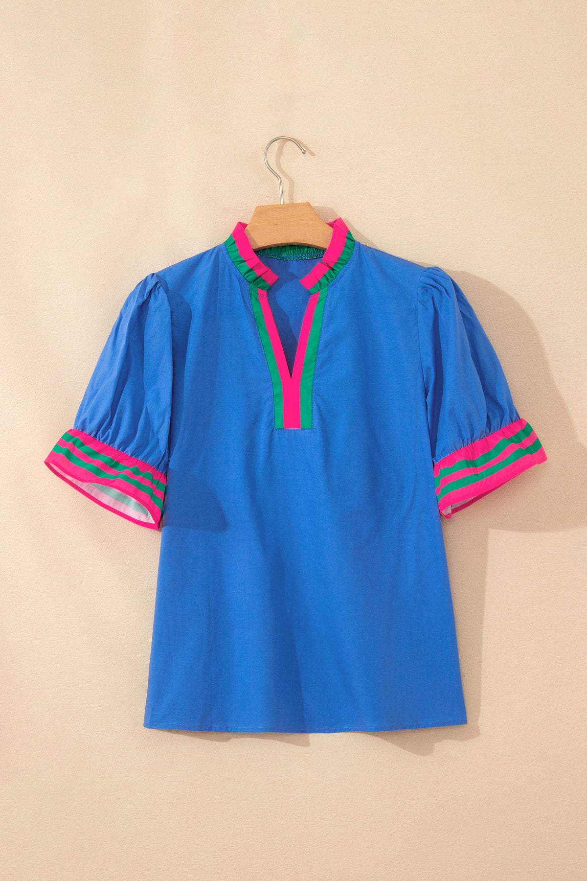 Stripe Frilled Collar Ruffle Short Sleeve Blouse