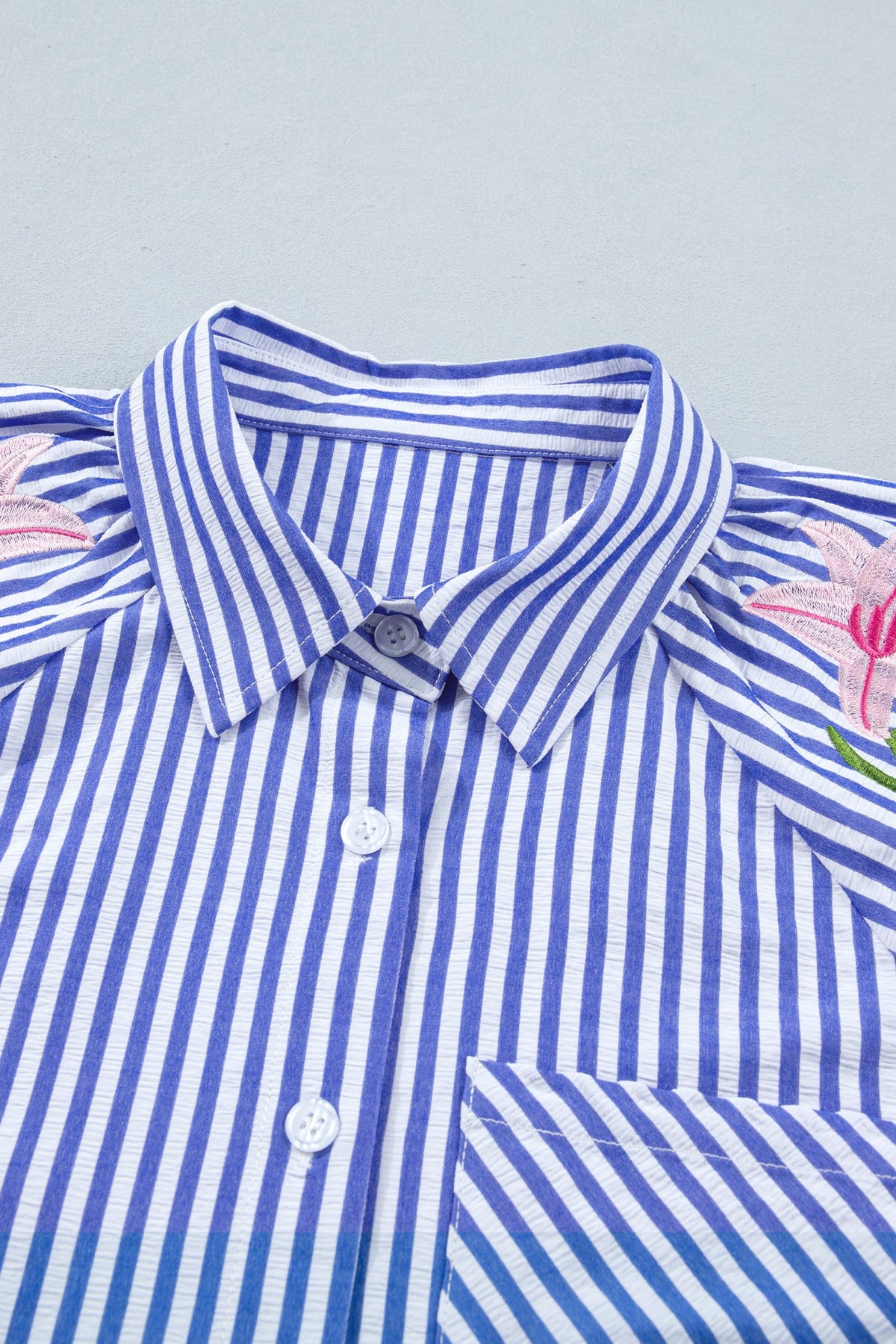 Stripe Floral Lily Embroidered Puff Sleeve Shirt