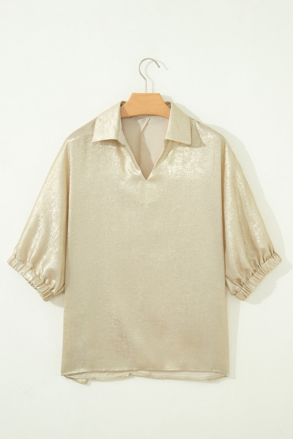 Metallic Collared V-Neck 3/4 Sleeve Top