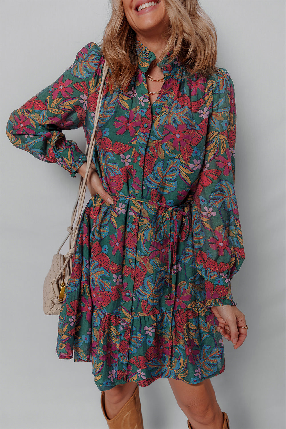 Floral Frilled V-Neck Puff Sleeve Ruffle Shirt Dress