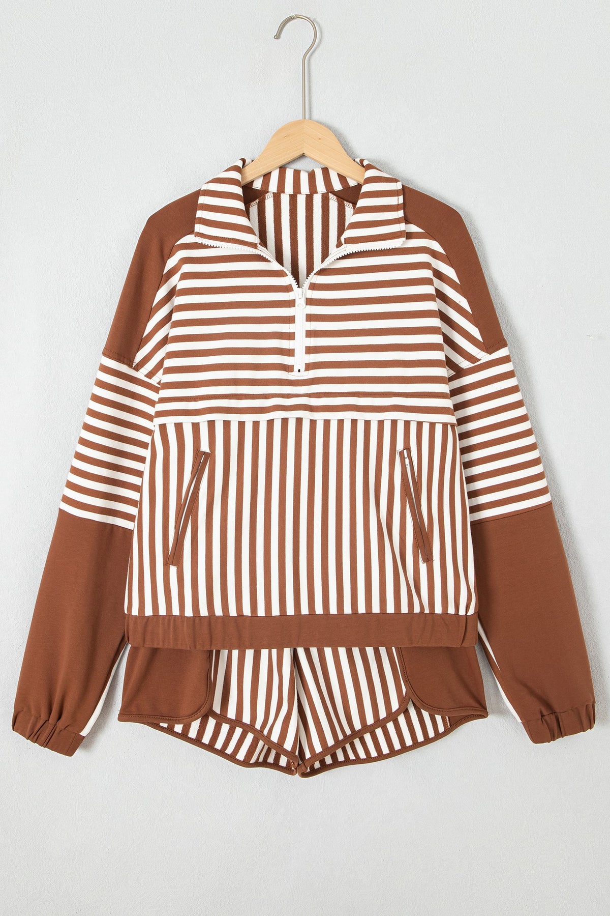 Stripe Patchwork Quarter Zip Sweatshirt & Shorts Set