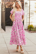 Dainty Floral Smocked Puff Sleeve Flowy Maxi Dress