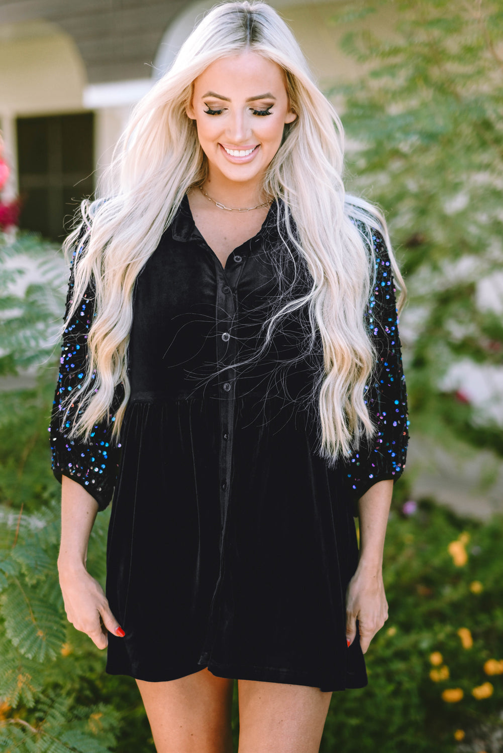 Velvet Sequin Puff Sleeve Buttoned Peplum Shirt