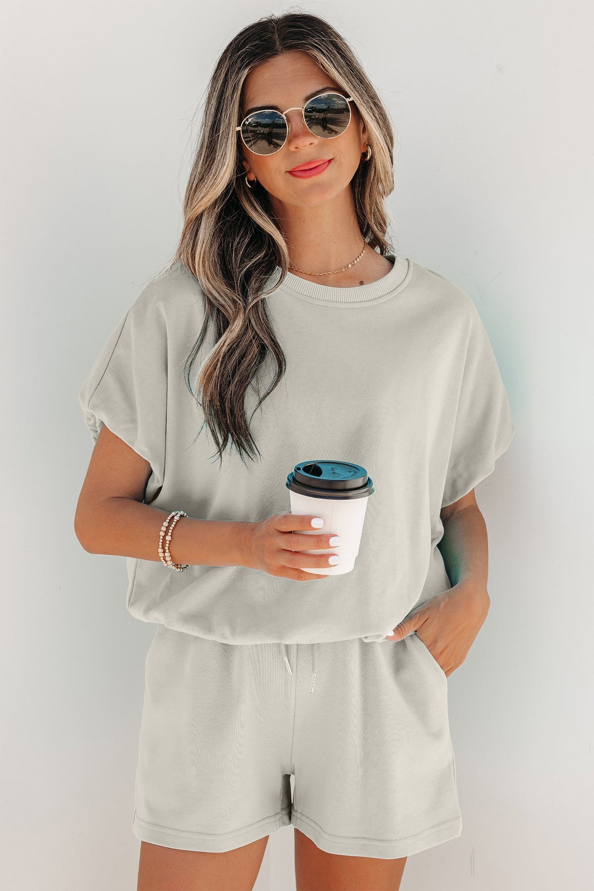 Solid Puff Sleeve Top & Drawstring Shorts Set