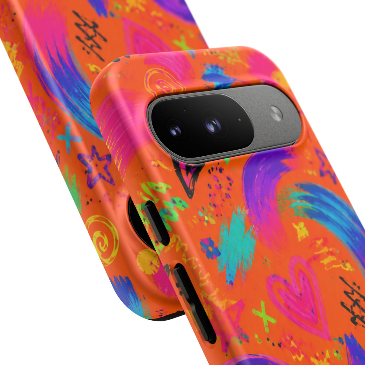 Colorful Neon Doodle Phone Case — Bright Abstract Stars & Hearts Tough Case
