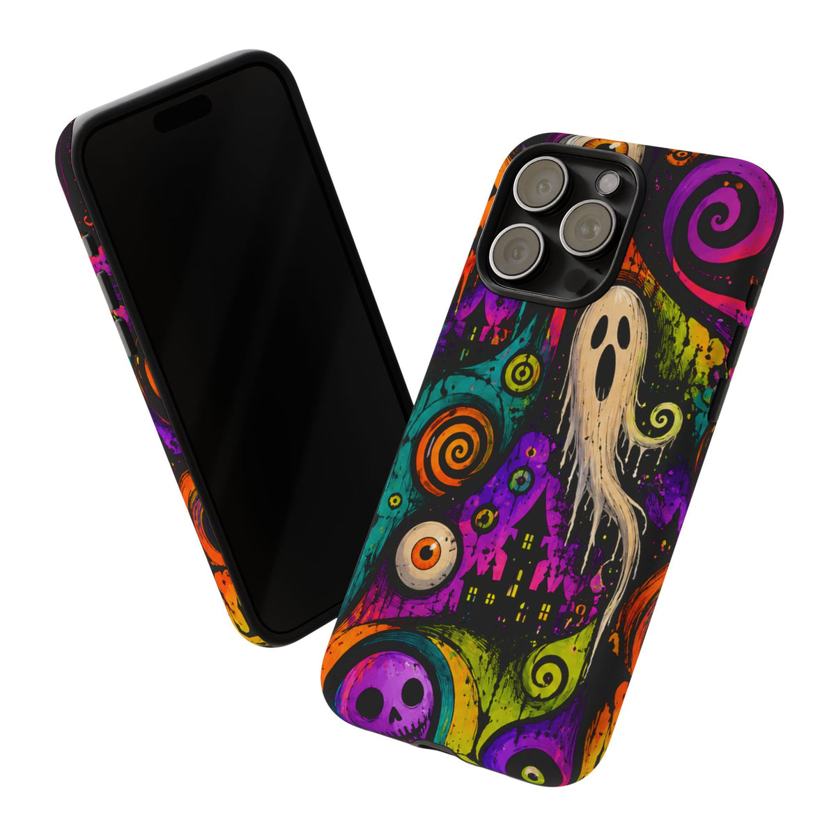 Halloween Ghost Phone Case — Colorful Spooky Skull & Haunted House Tough Case