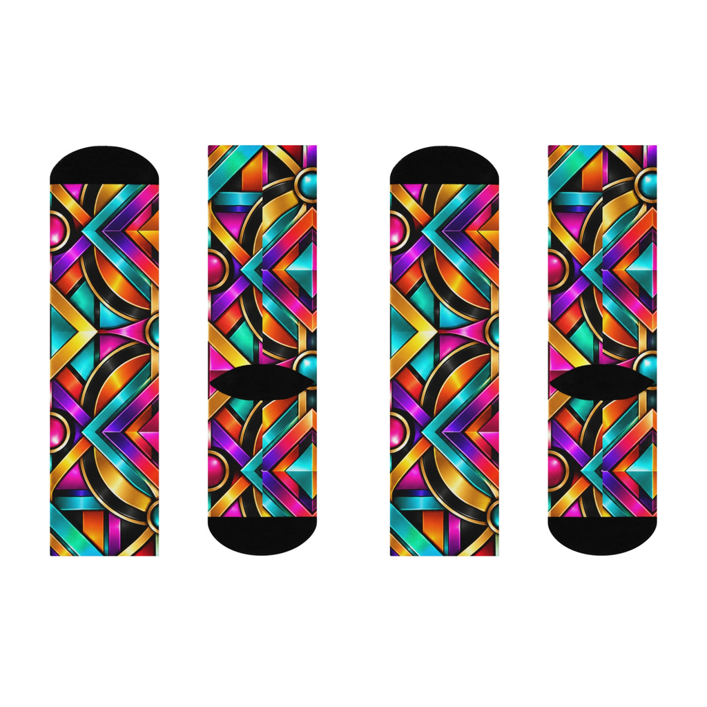 Colorful Geometric Pattern Cushioned Crew Socks | Vibrant Stained-Glass Style