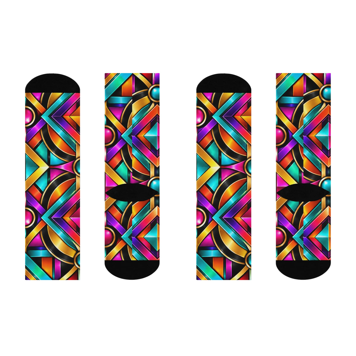 Colorful Geometric Pattern Cushioned Crew Socks | Vibrant Stained-Glass Style