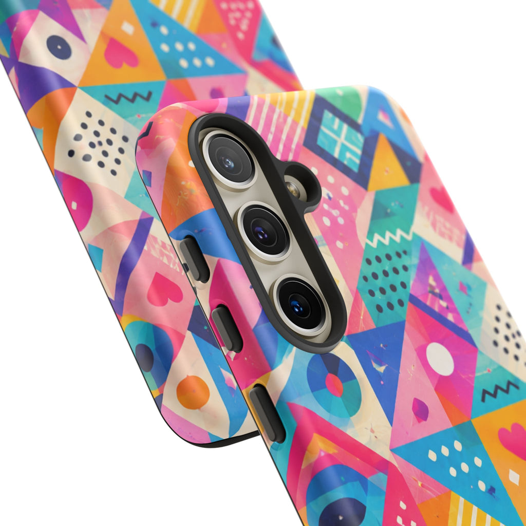Colorful Geometric Tough Phone Case — Bright Abstract Heart & Triangle Pattern