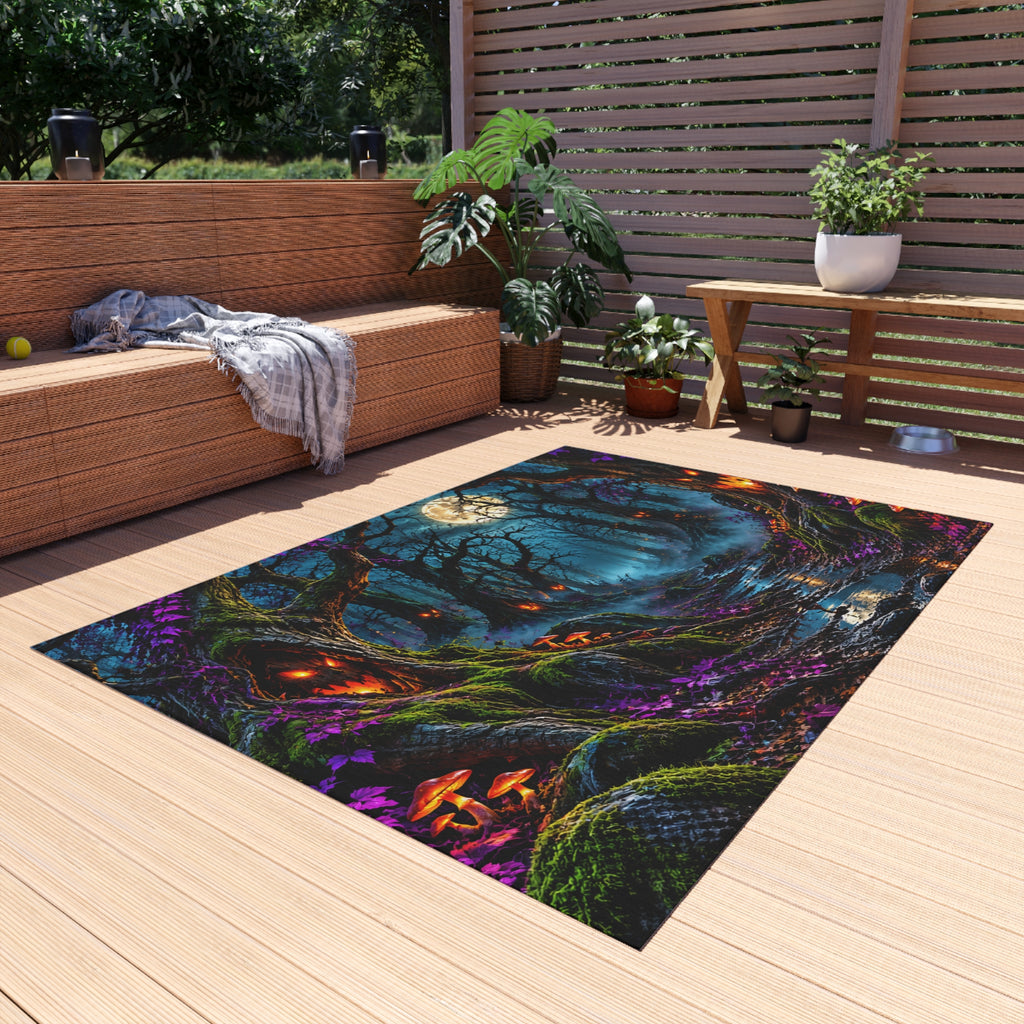 Spooky Moonlit Forest Outdoor Rug — Haunted Halloween Porch Mat