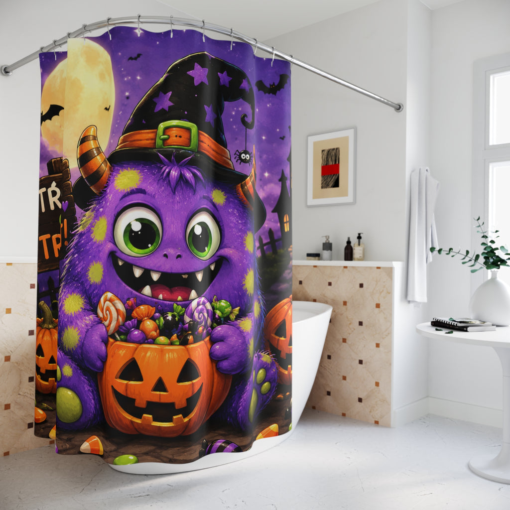 Halloween Monster Shower Curtain — Cute Purple Trick-or-Treat Design