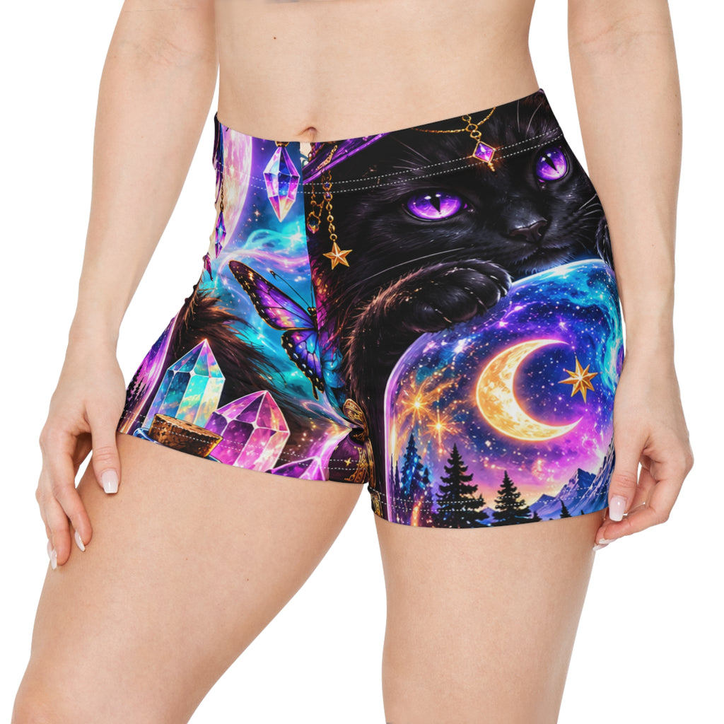 Mystic Cat Galaxy Shorts — Celestial Crystal & Moon Women's AOP Shorts