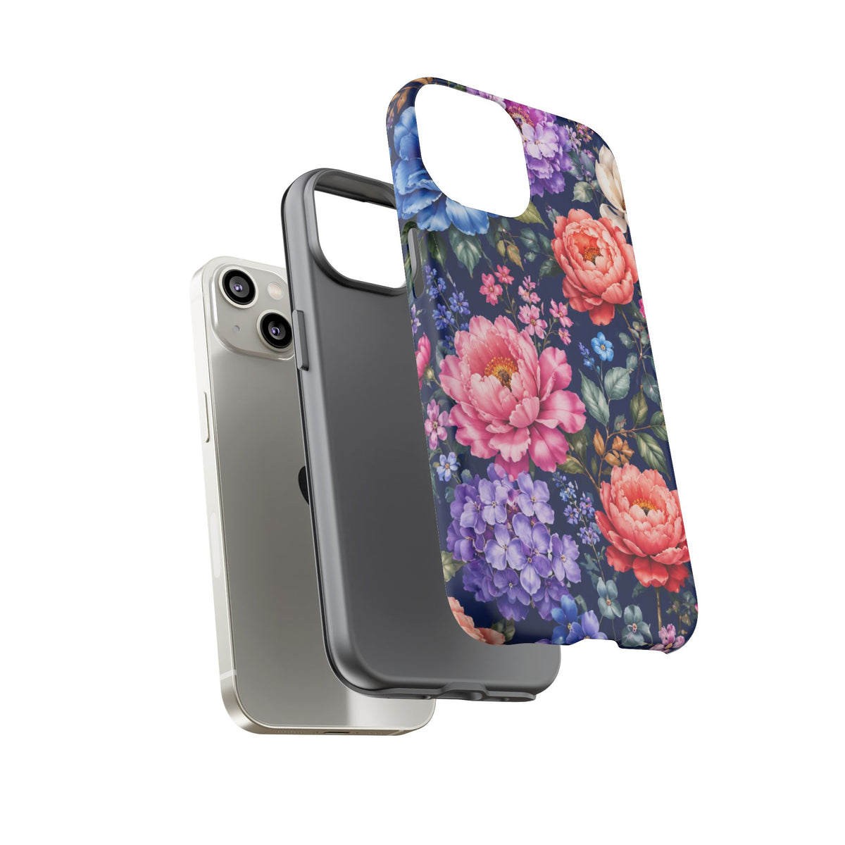 Floral Tough Phone Case – Vibrant Garden Flowers on Navy