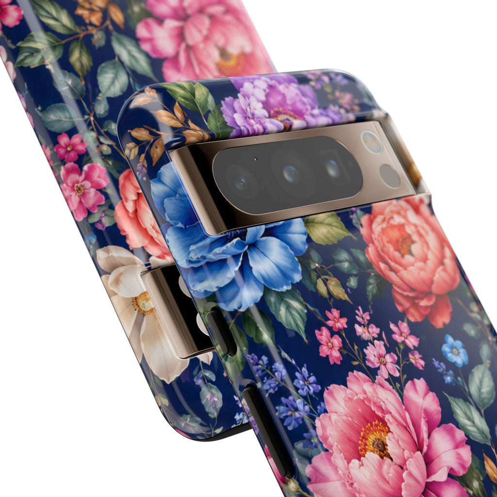 Floral Tough Phone Case – Vibrant Garden Flowers on Navy
