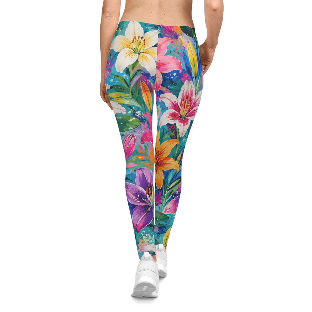 Colorful Watercolor Lily Leggings — Vibrant Floral All-Over Print