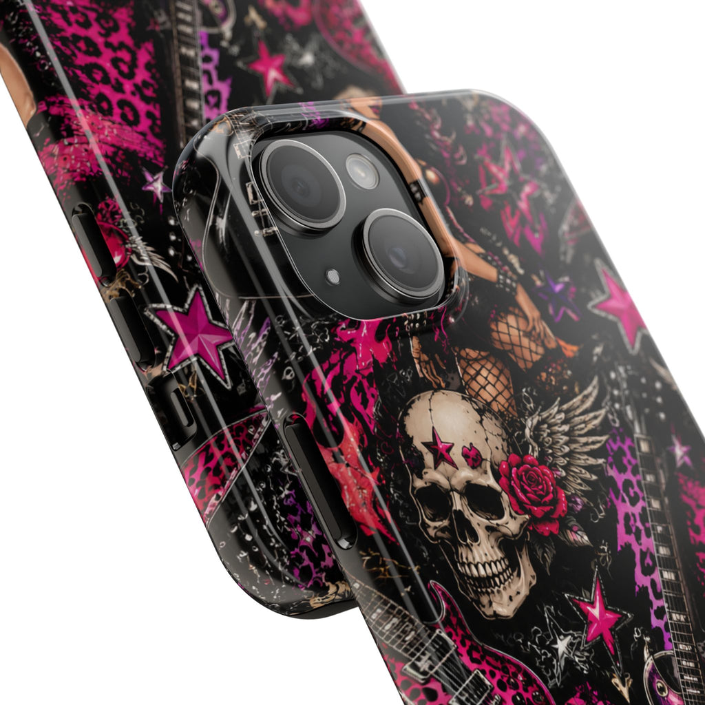 Rock Skull Guitar Phone Case — Edgy Pink Skull & Roses Tough Phone Case