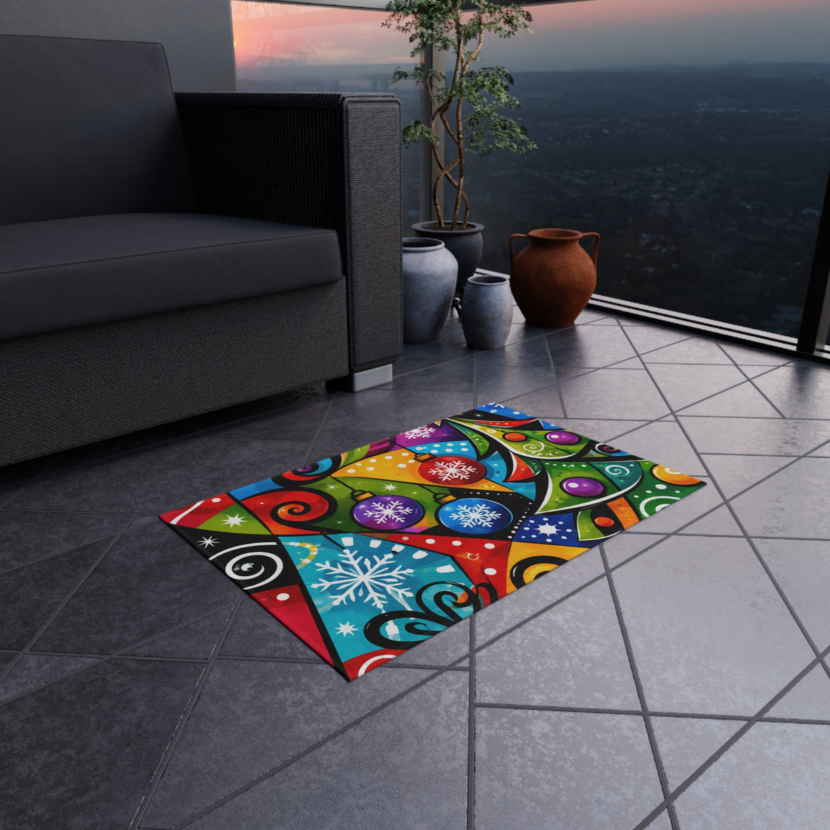 Festive Christmas Outdoor Rug — Colorful Holiday Tree & Ornaments Doormat