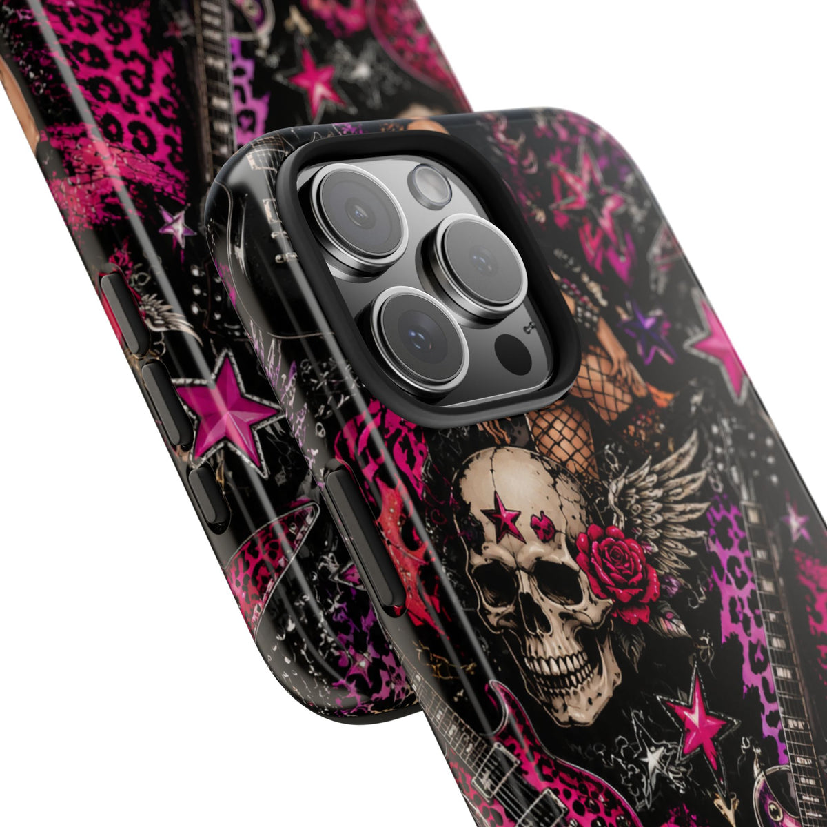 Rock Skull Guitar Phone Case — Edgy Pink Skull & Roses Tough Phone Case
