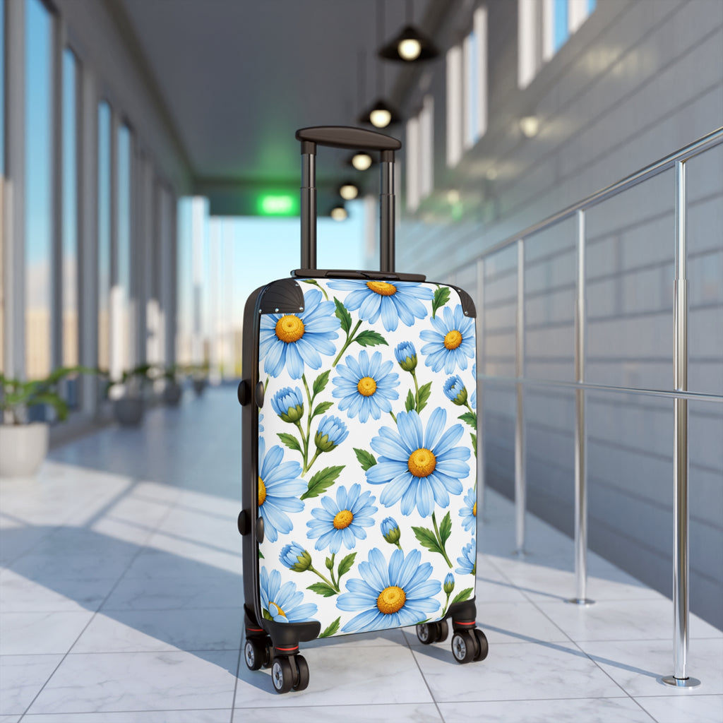 Blue Daisy Floral Suitcase – Lightweight Rolling Carry-On Travel Luggage