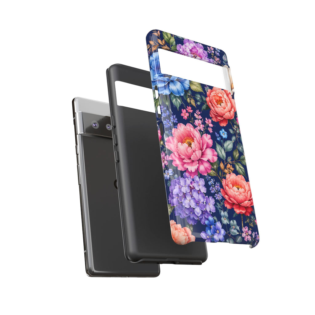 Floral Tough Phone Case – Vibrant Garden Flowers on Navy