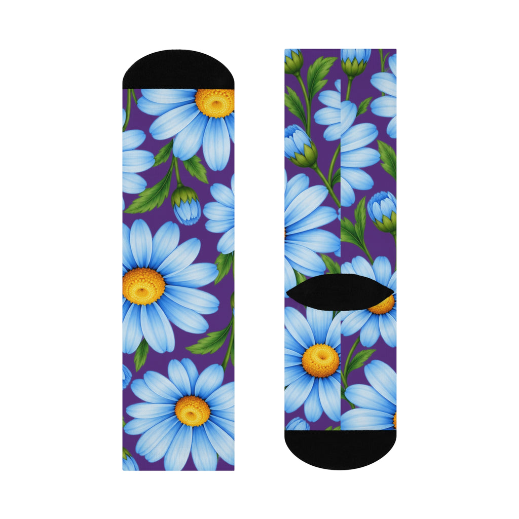 Daisy Bloom Cushioned Crew Socks — Blue Floral Knee-High Comfort