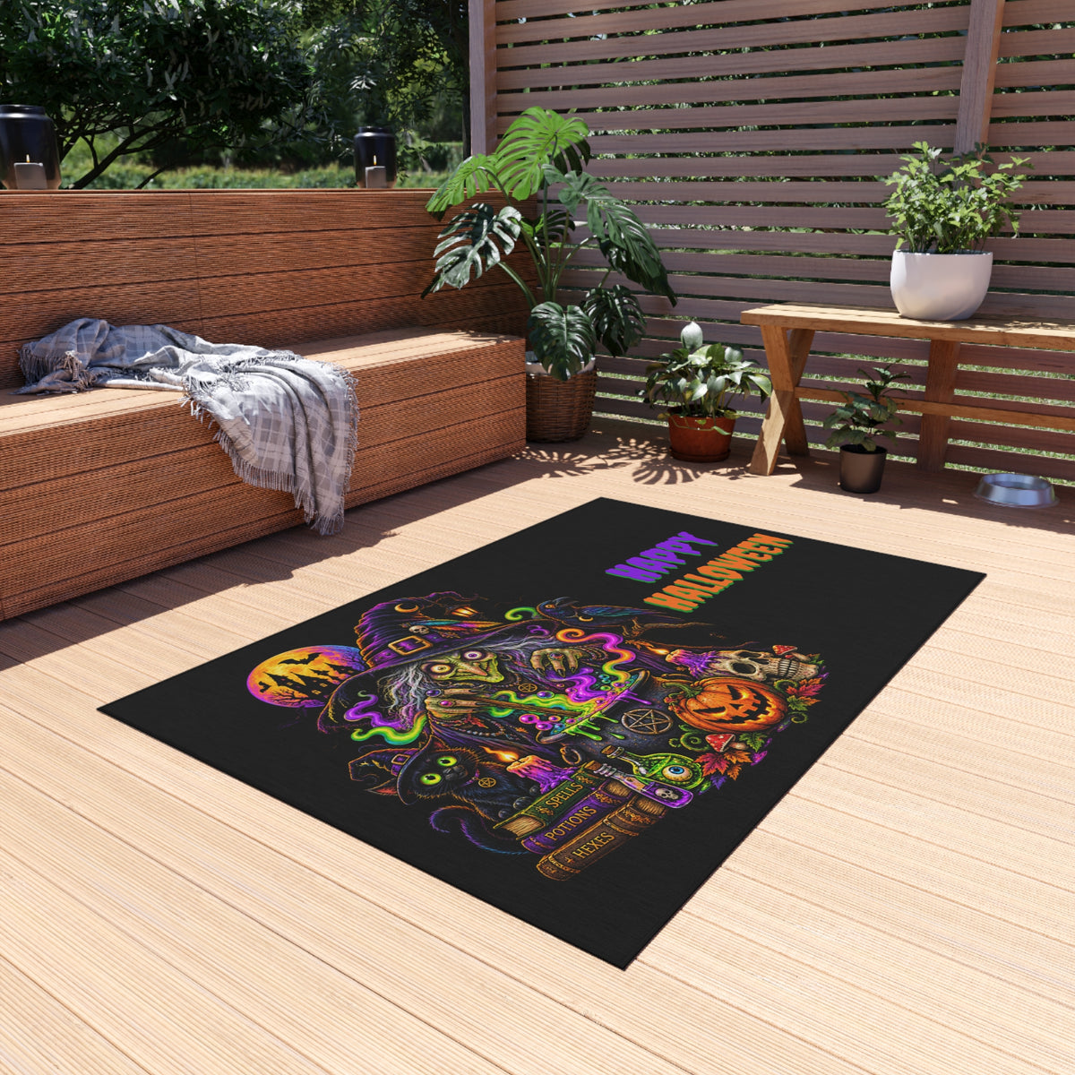 Halloween Witch Outdoor Rug — "Happy Halloween" Spooky Porch Mat